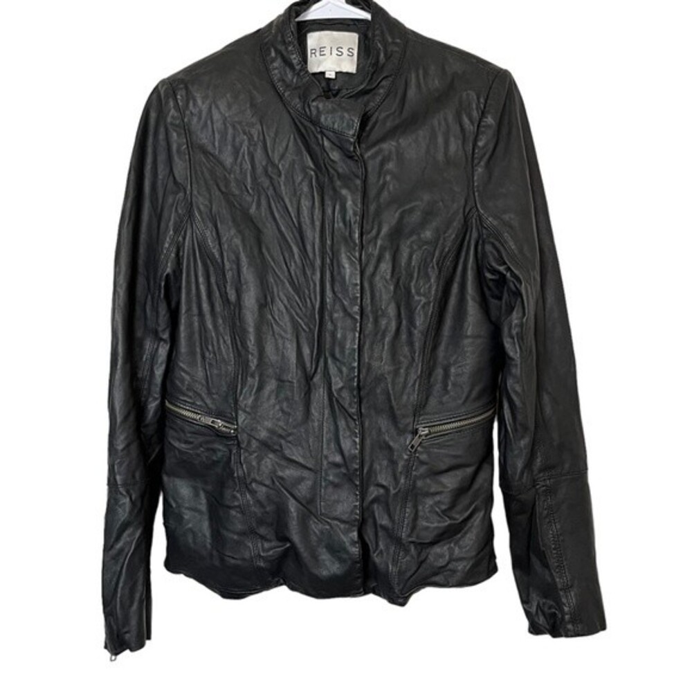 REISS Harper Black Sheep Leather Biker Jacket Size L Women